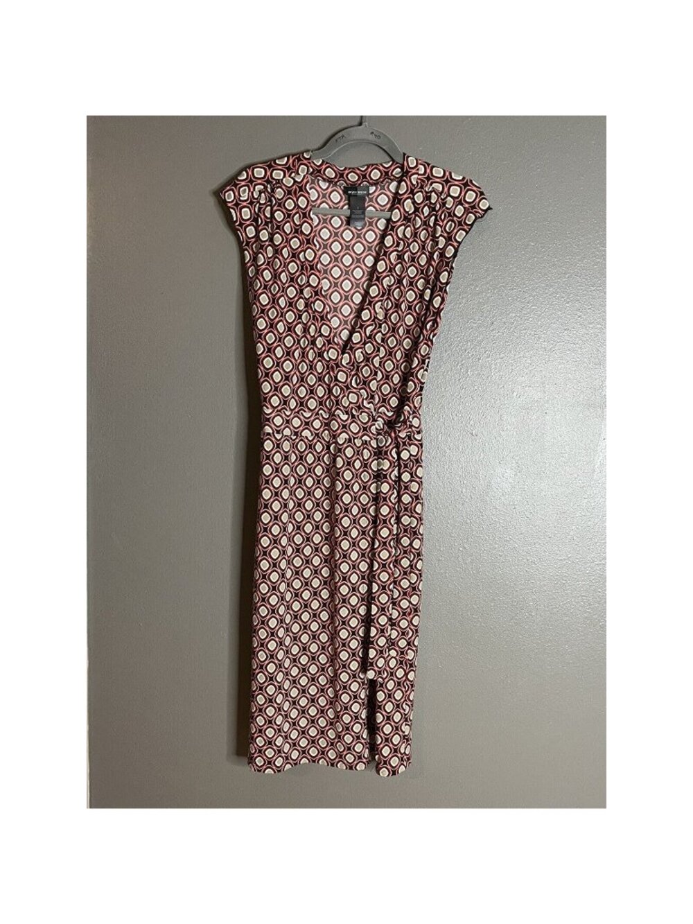 Bisou Bisou 6 Wrap Below Knee Midi Geo Retro Brown Orange Women Sleeveless Dress